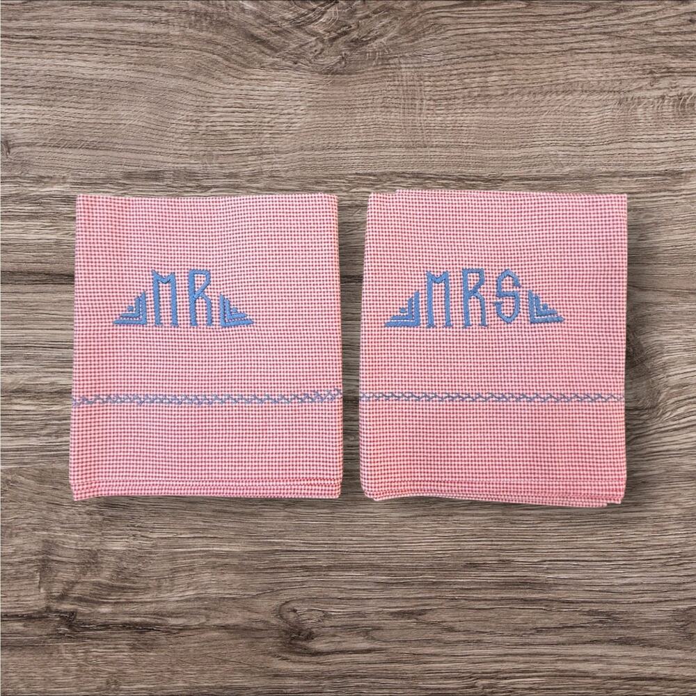 Vintage Gingham Embroidered Mr & Mrs Pillowcased Queen Cottagecore